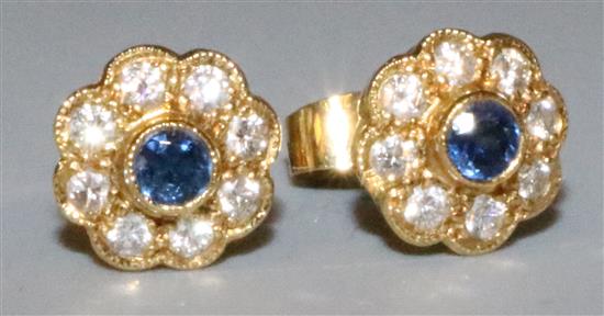 Pair gold sapphire and diamond cluster ear studs